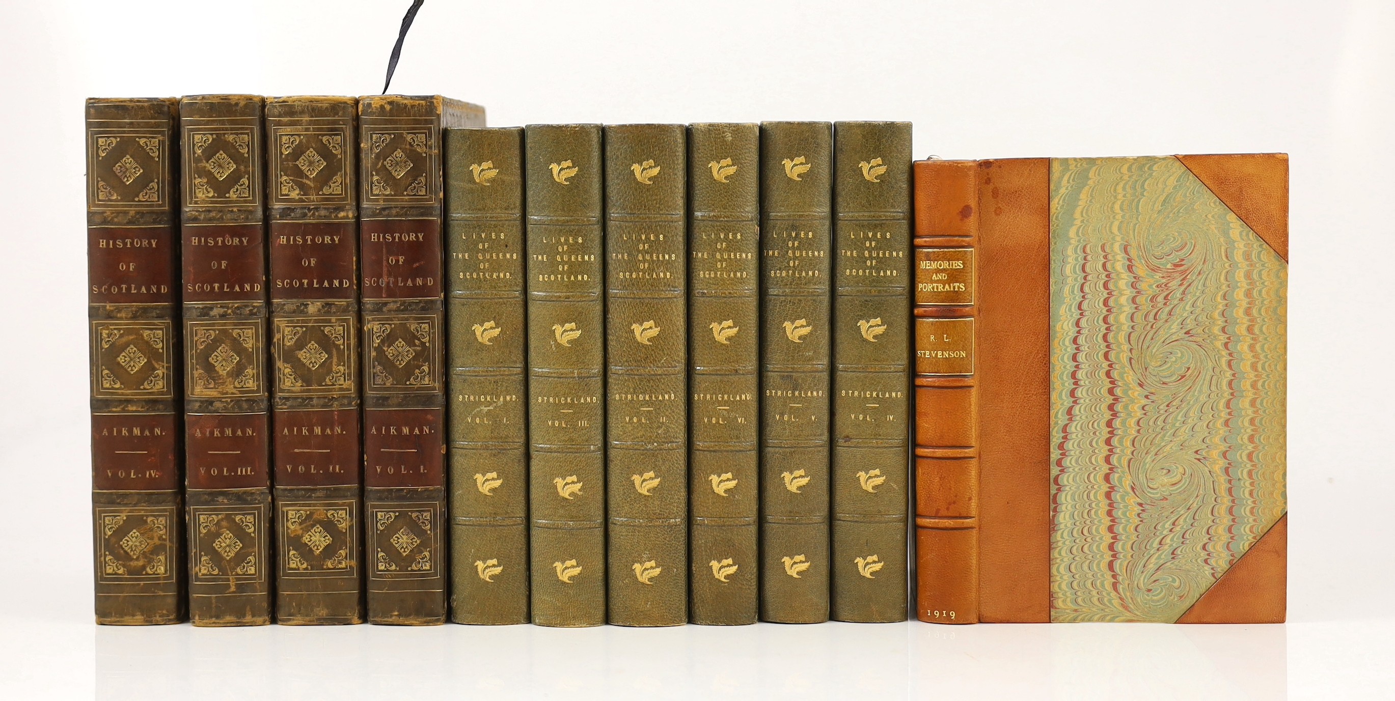 Strickland, Agnes - Lives of the Queens of Scotland, vols 1-6 only, lacks vol. 7, engraved and printed titles, frontispiece, folded facsimiles; old half morocco and marbled boards, gilt decorated panelled spines